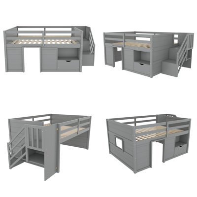 Lit mezzanine double bas avec escalier intégré, tiroir de rangement et tablette, cadre de lit pour enfant en bois de pin massif avec lumières DEL