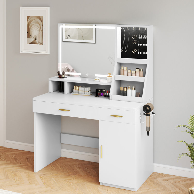 Bureau de maquillage avec lumières miroir, prises de courant et rangement pour bijoux, Blanc