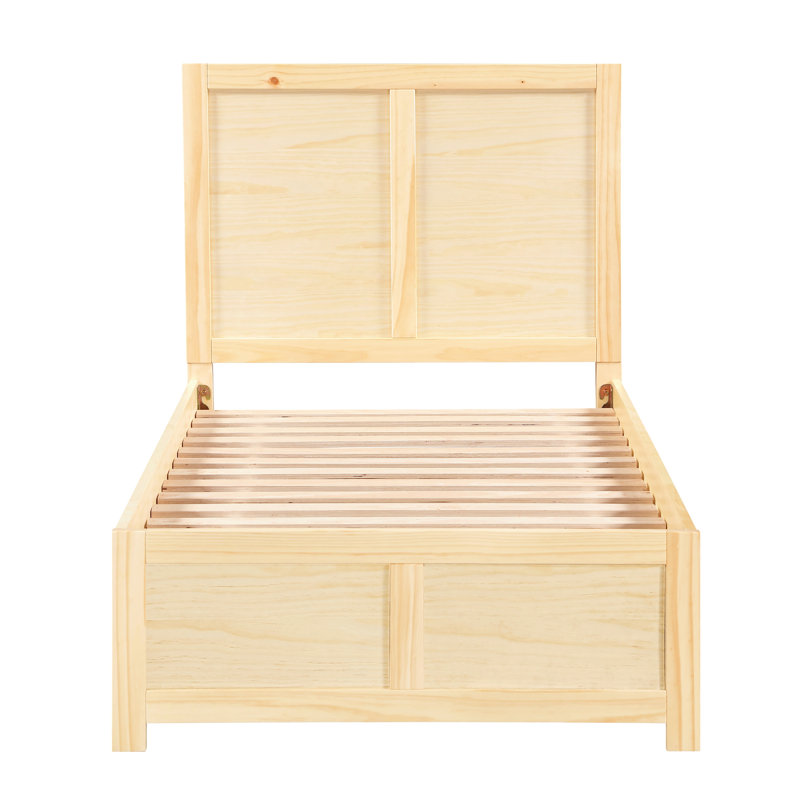 Lit simple de style contemporain avec finition en pin naturel, tête de lit et support à lattes, rails modernes de style chambre à coucher, cadre serein