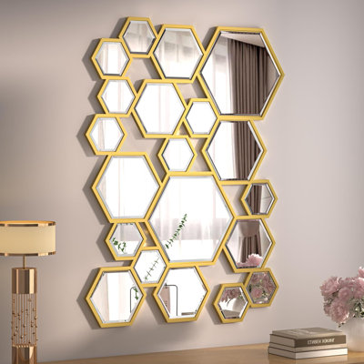 Wall Decor Mirror Modern Hexagon Gold Wooden Framed Wall Mirror for Living Room,Bedroom,Entryways,Home Decor(W 31.4" x H 23.6" Honey Comb)