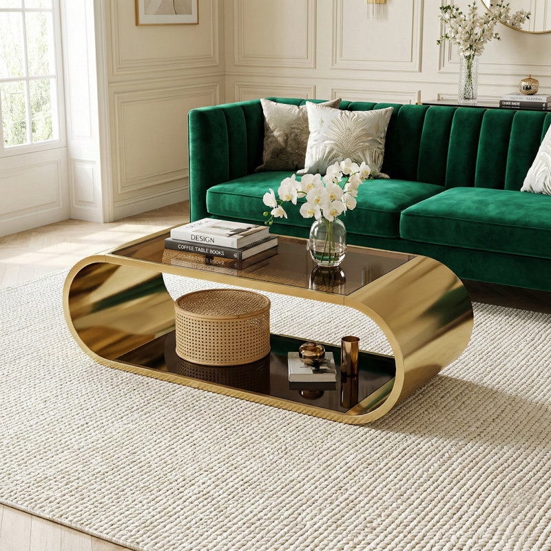 Table basse de 57 po de style moderne avec plateau ovale de 57 po en acier inoxydable doré et plateau en verre trempé pour salon