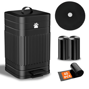 5L/1.3Gal Metal Dog Poop Trash Can Outside with Lid, Foot Pedal & 40 Waste Bags, Soft Close Pet Waste Container