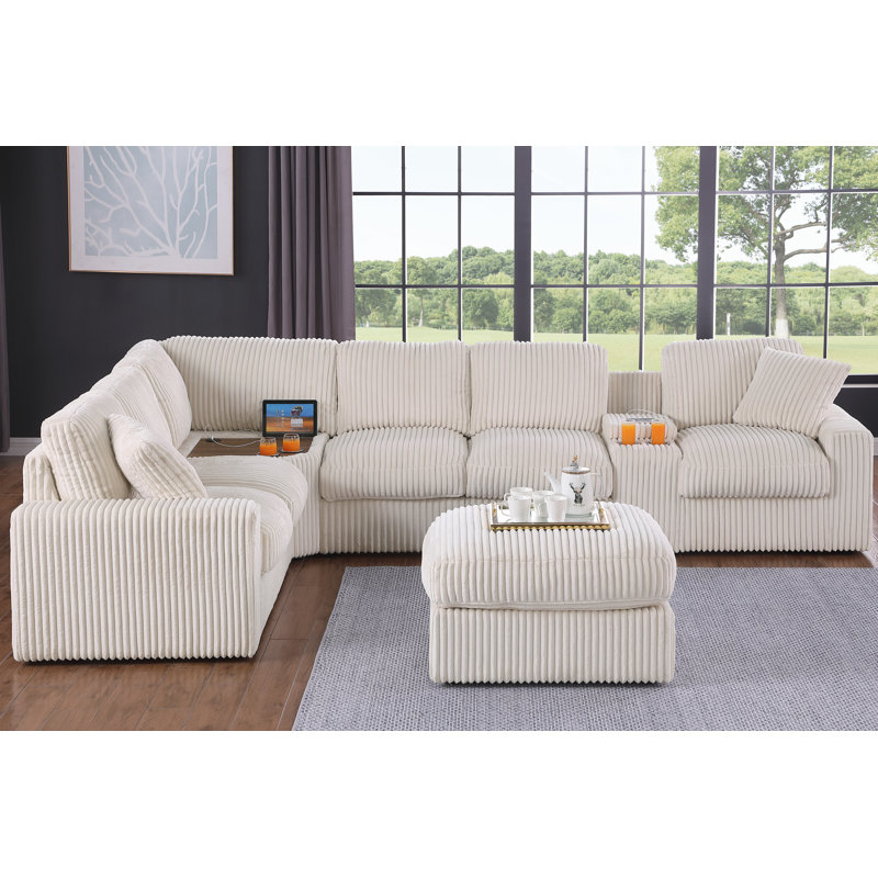 Jasmine Modular Sofa with Ottoman, Cupholder and Corner Table, Beige Polyester