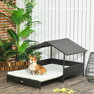 Lit d'extérieur pour chien en osier extensible avec toit imperméable, coussin doux, pour petits et moyens chiens, blanc crème