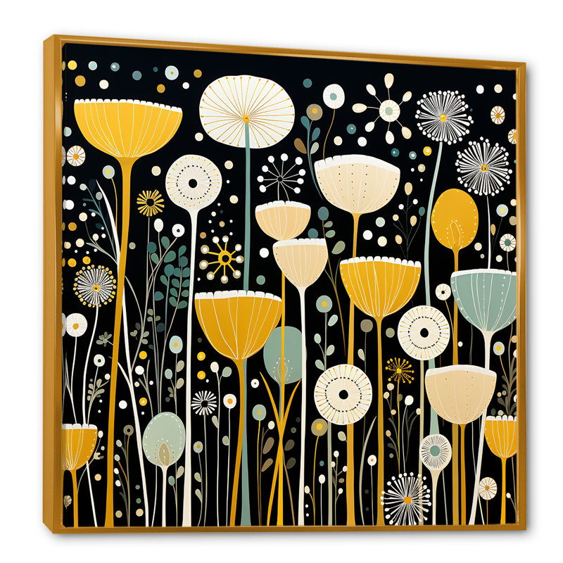 Fleurs jaunes au clair de lune - Art mural souci, Cadre flottant doré, 16" H x 16" W