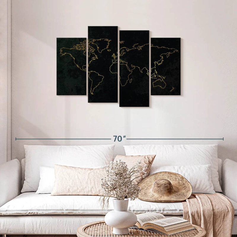 Aliaz Gold Outline World Map, 27" H x 43" W
