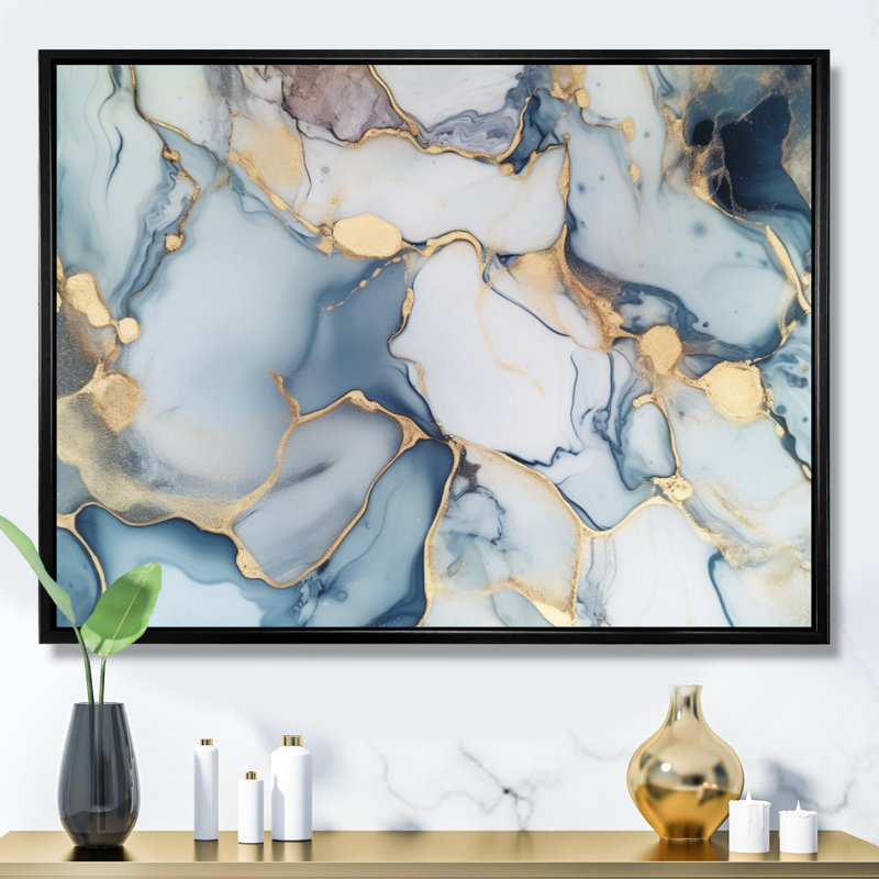 Gris et or, art à l'encre liquide tendre III - fractales, art mural, H 30 po x l 40 po x P 1,5 po, Cadre flottant noir