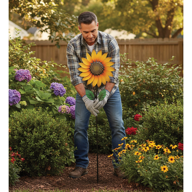 Piquet de jardin en métal à texture de fleur avec finition thermolaquée et roulement à billes durable, Tournesol