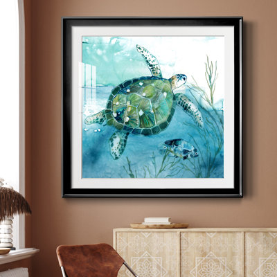 Delray Sea Turtle I - Matted and Framed Under Acrylic Glass, Coastal Wall Art for Living Room
