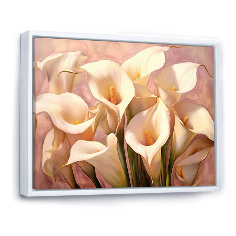 Crème de lis crème rose sur toile, H 34 po x l 44 po x P 1,5 po, Cadre flottant blanc