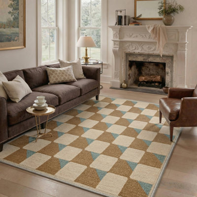 Tapis beige / brun clair / bleu sarcelle lavable à la machine avec envers antidérapant Folwell