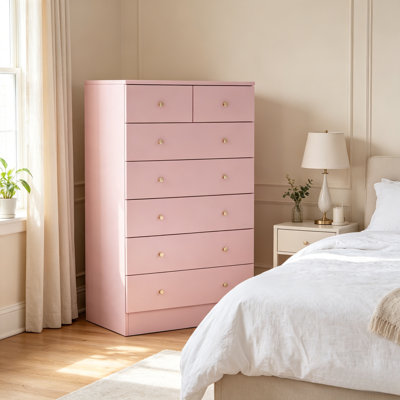 Pink 7‑Drawer Chest of Drawers, Modern Tall Dresser with Gold Round Knobs, Manufactured Wood Storage Cabinet for Bedroom Kids Room Closet Organization