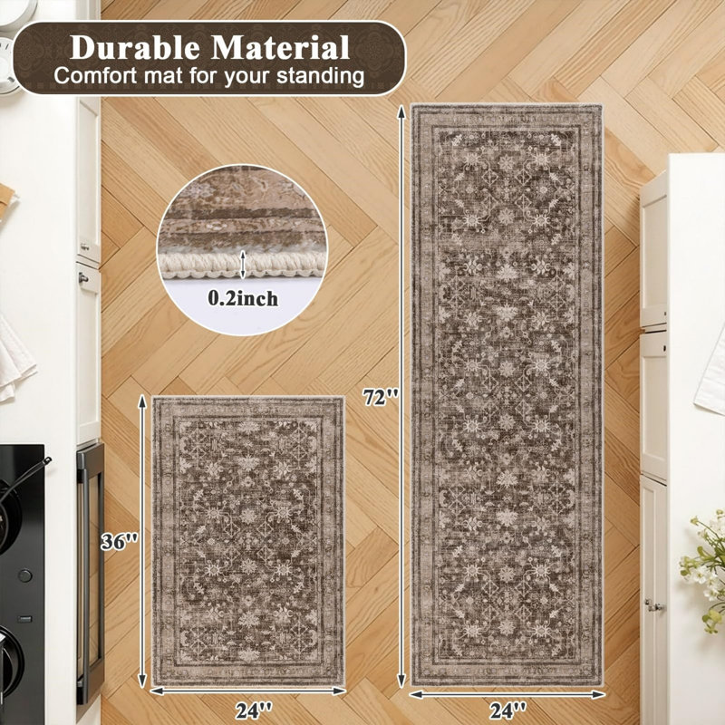 Non-Slip Washable Farmhouse Kitchen Rug Set of 2, Rubber Bottom, Brown