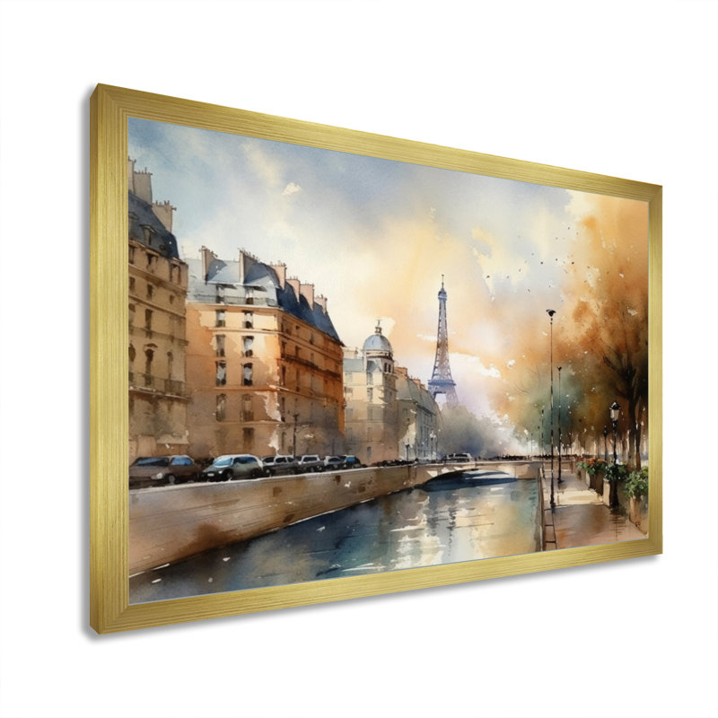 «Beautiful Pastel Paris Scenery», art mural sur toile Paris, Cadre doré, H 34 po x l 44 po x P 1,5 po