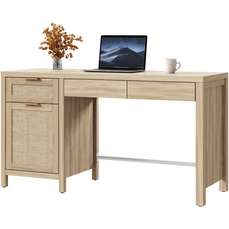 55.12"W Boho Rattan Desk With Adjustable Shelves & Ample Storage, Light Oak, 1