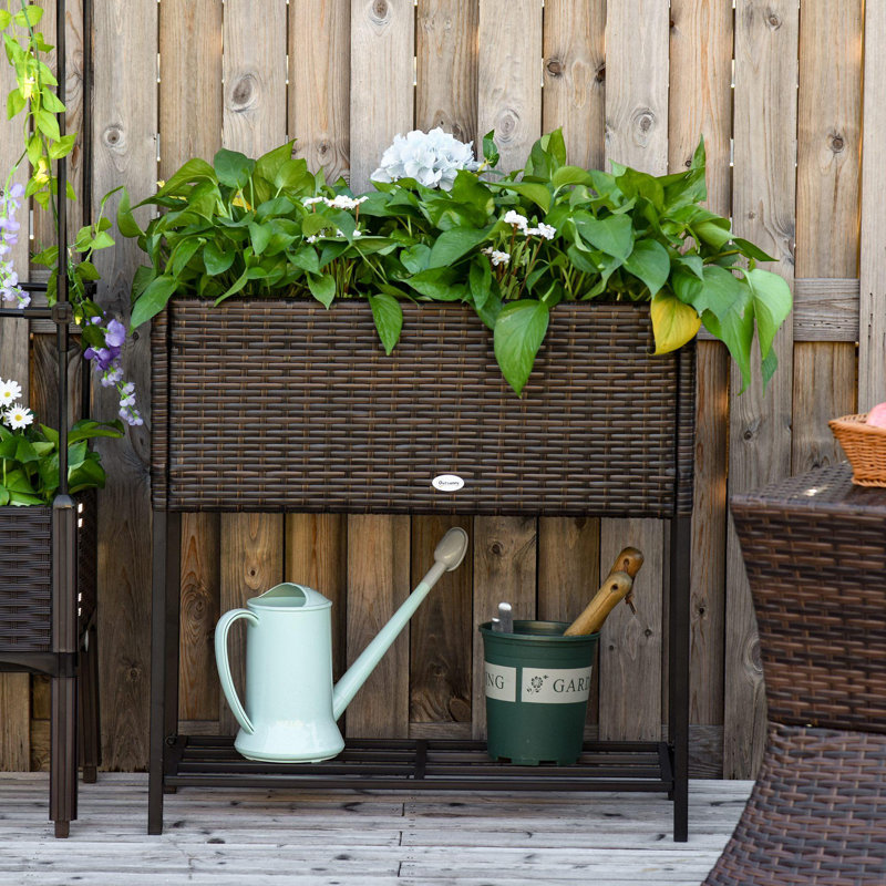 Pot à fleurs surélevé en rotin avec porte-outils, Brun