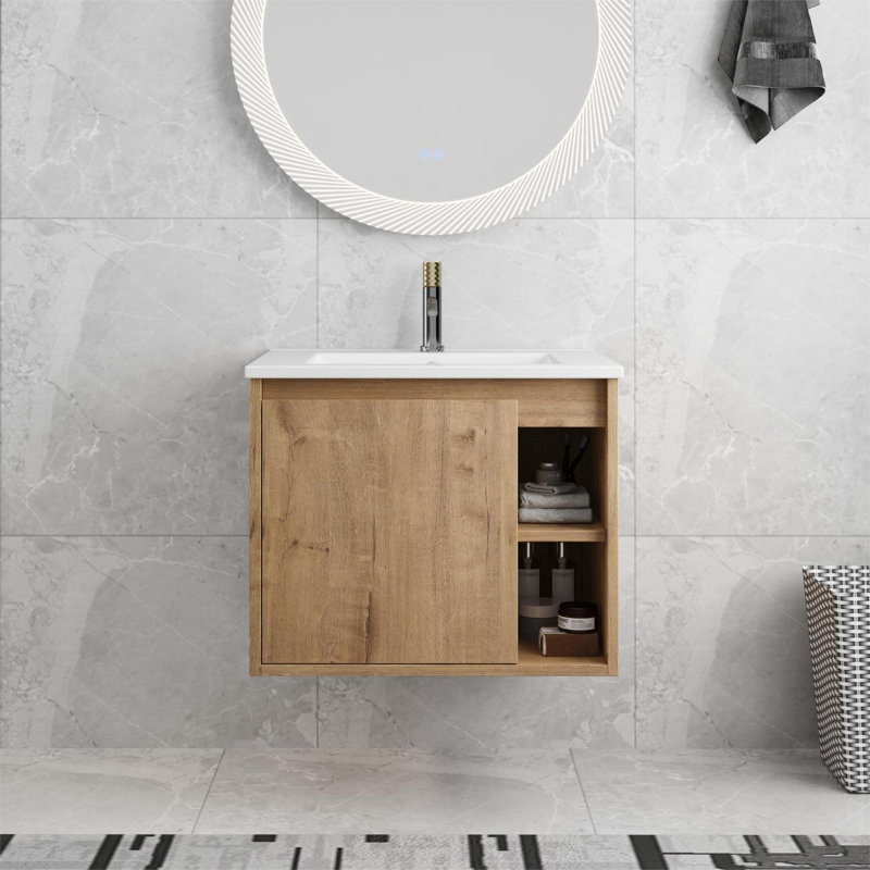 Ehonmwon 24'' Wall Mounted Single Bathroom Vanity with Ceramic Top, Floating Vanity with 1 Door and 1 Shelf