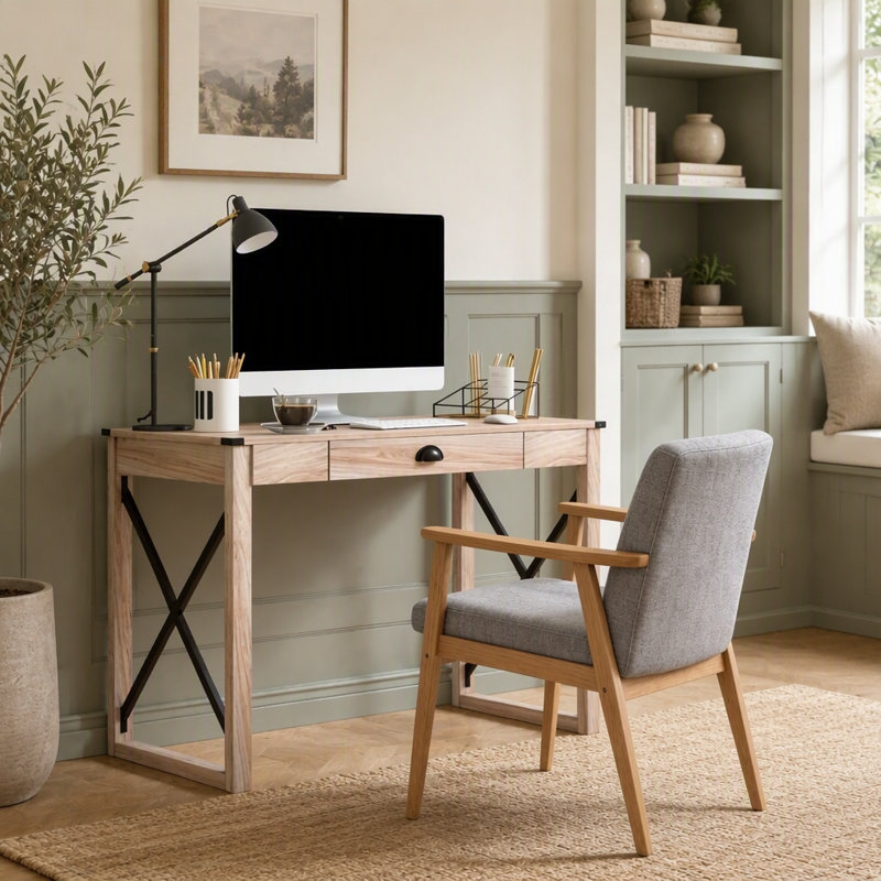 Bureau d'écriture style rétro avec cadre en X stable et tiroir spacieux pour le bureau à domicile
