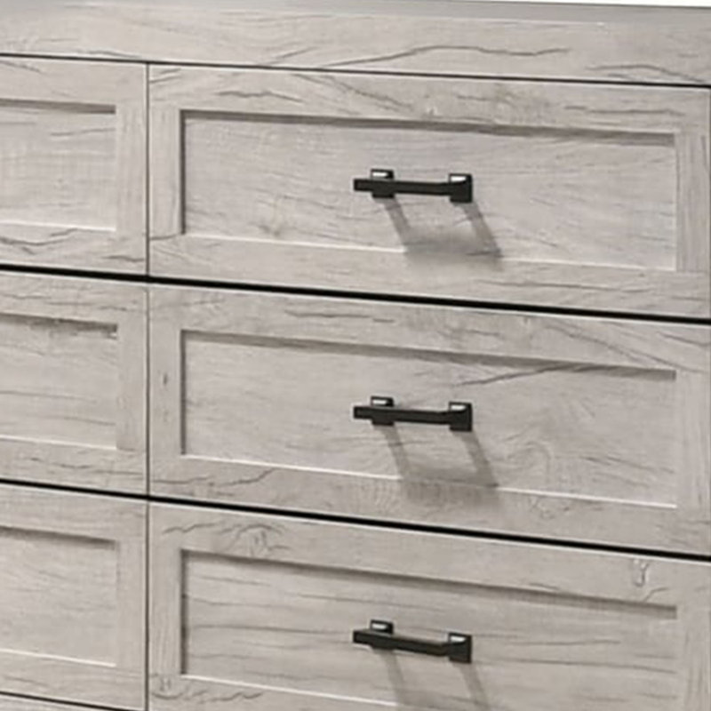 Commode large Miot, 6 tiroirs avec poignées en métal, bois blanchi