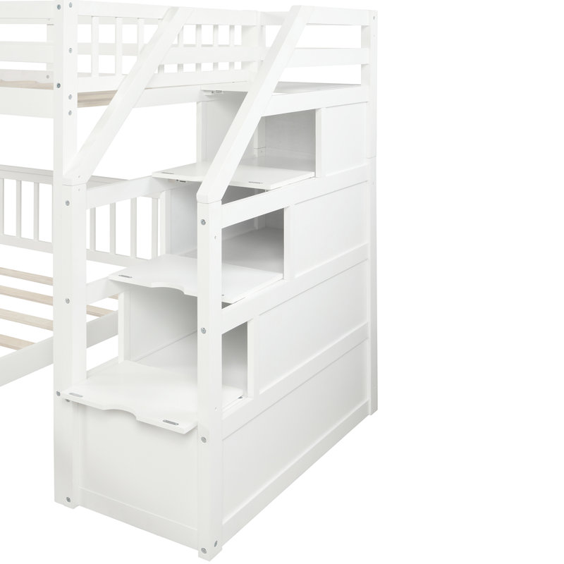Twin Over Full Loft Bed With Staircase - White, Fascinating Storage Architecture In White Guardrails For Added Security
