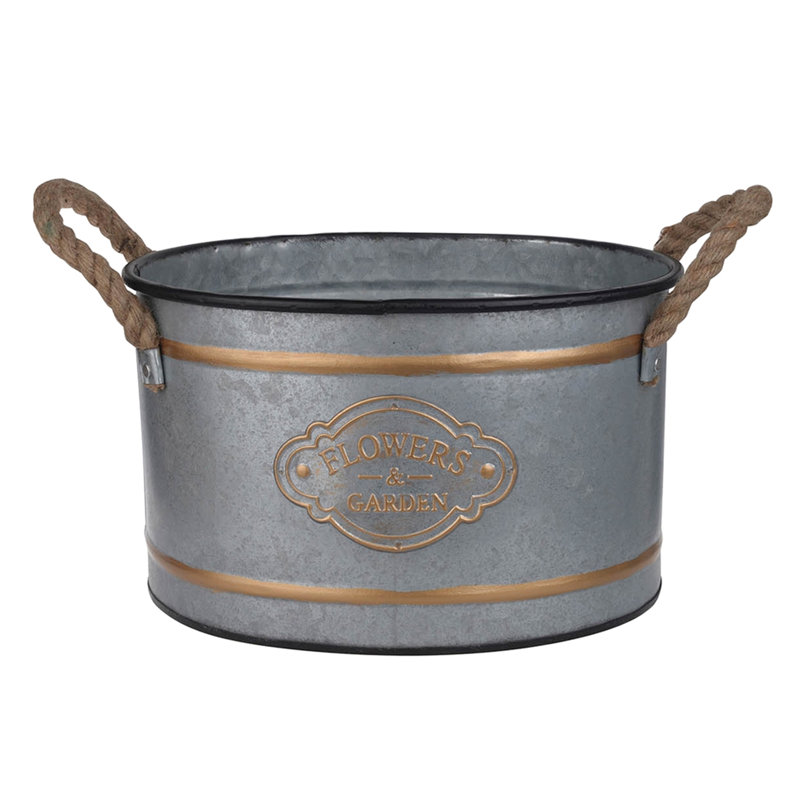 Decorative Metal Pot Collection Of 3, Featuring Rope Handles And Gold Details, Grey Multi Color, Space - Saving Design, 4.2 Lbs 3 Galvanized Pots With Accentuation, Cottage Aesthetic Feeling,