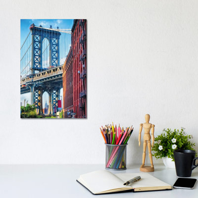 Street View of the Manhattan Bridge Brooklyn Tower, New York City 1 Piece Wrapped Canvas Wall Art