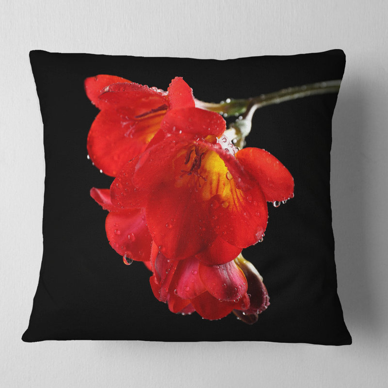 Fleur de freesia sur fond noir - coussin à imprimé floral, 16 po x 1 po, Coussin décoratif