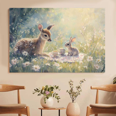 2D Flat, 1Pc Framed Canvas Wall Art, Deer and Rabbits, Tea Party in the Flowers, Impressionist Pastoral Style Art Print Canvas Poster Painting Room Wa