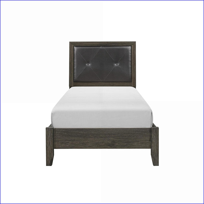 Structure de lit simple en bois d'ingénierie avec tête de lit capitonnée en similicuir gris foncé pour la chambre à coucher