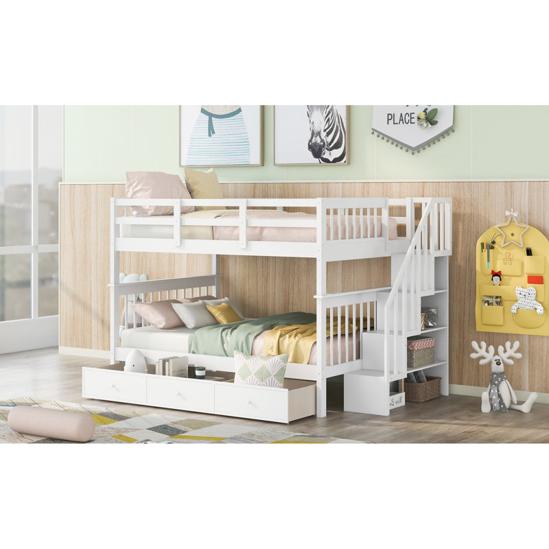 Lit superposé blanc au-dessus d'un escalier pour chambre à coucher, quatre compartiments de rangement, conception divisible, escalier sécuritaire, garde-corps, matelas non inclus