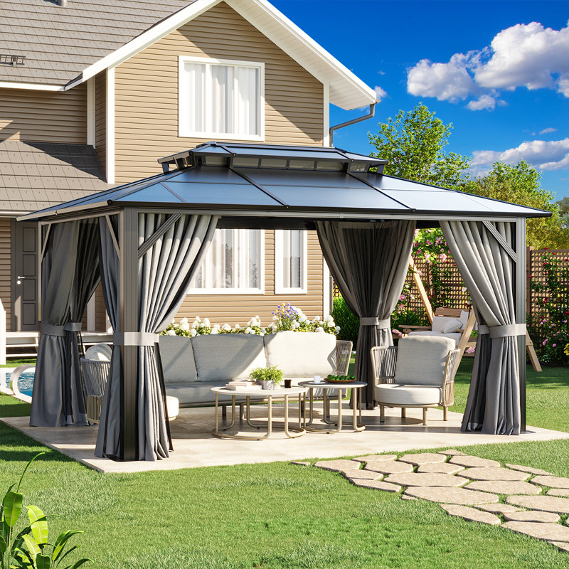 14' X 10' Hardtop Gazebo With Double Roof, Polycarbonate Outdoor Gazebo With Curtains & Netting, Aluminum Frame Permanent Patio Shelter For Backyard, Deck, Poolside