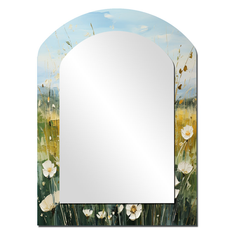Meadow Whispers Of Spring III - Grand miroir mural arqué sur métal, 34 po x 25 po