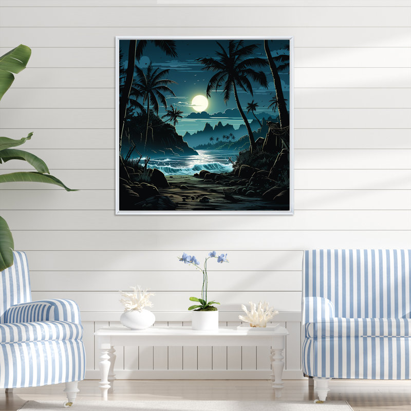 Tempête tropicale clair de lune I - art mural côtier tropical, Cadre flottant blanc, H 36 po x l 36 po x P 1,5 po