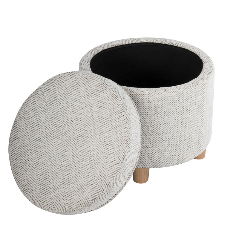 Mayen 19" Wide Round Storage Ottoman, Cream Chevron Woven