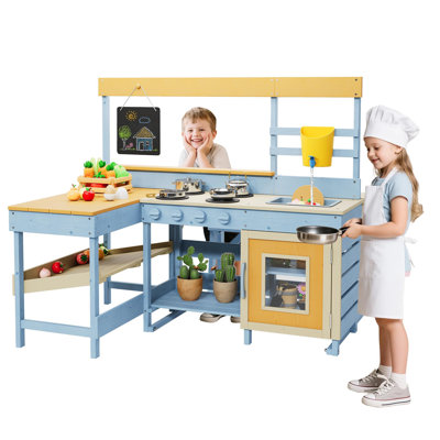 Cuisine d'extérieur en bois pour enfants avec table de pique-nique, cuisine de jeu 2 en 1 avec robinet d'évier