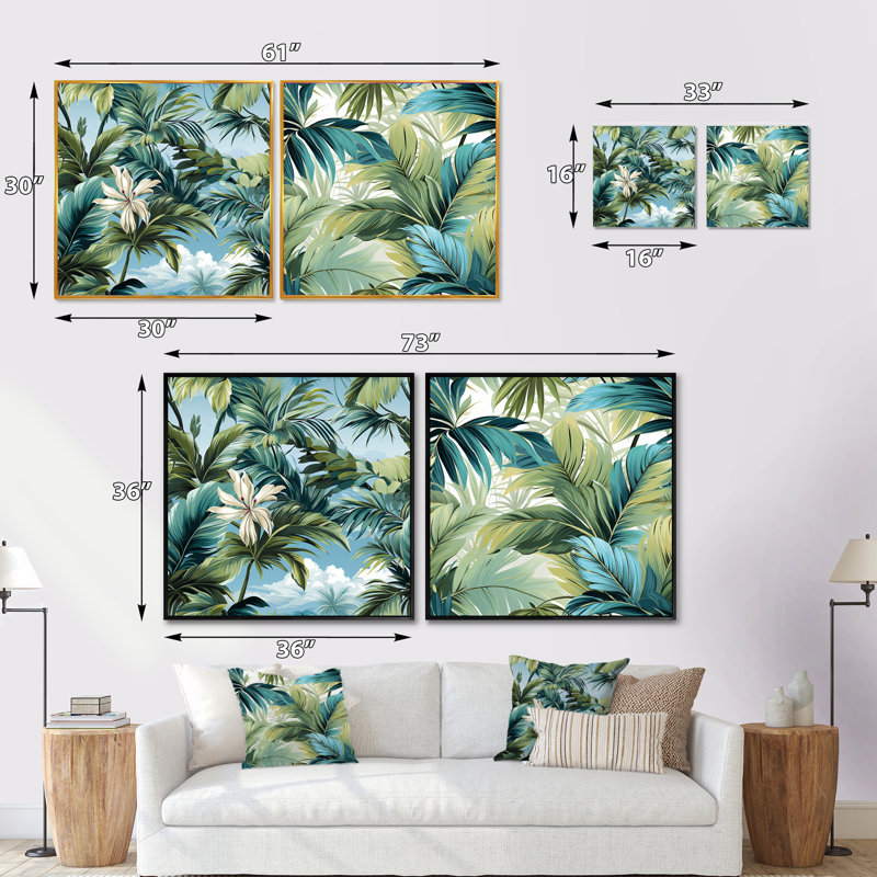 Palmier à motif tropical - ensemble de 2 collages carrés tropicaux, H 16 po x l 33 po, Cadre flottant doré