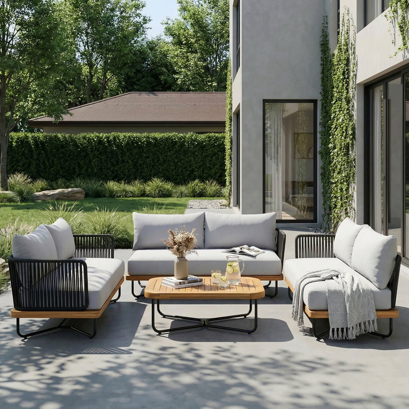 Reyansh Outdoor 6-Piece Acacia Wood Woven Rope Conversation Set With Cushions, Gray Cushion/Black Rope Teak Frame