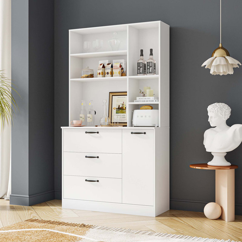 Armoire de rangement avec tiroirs et tablettes ouvertes, Blanc