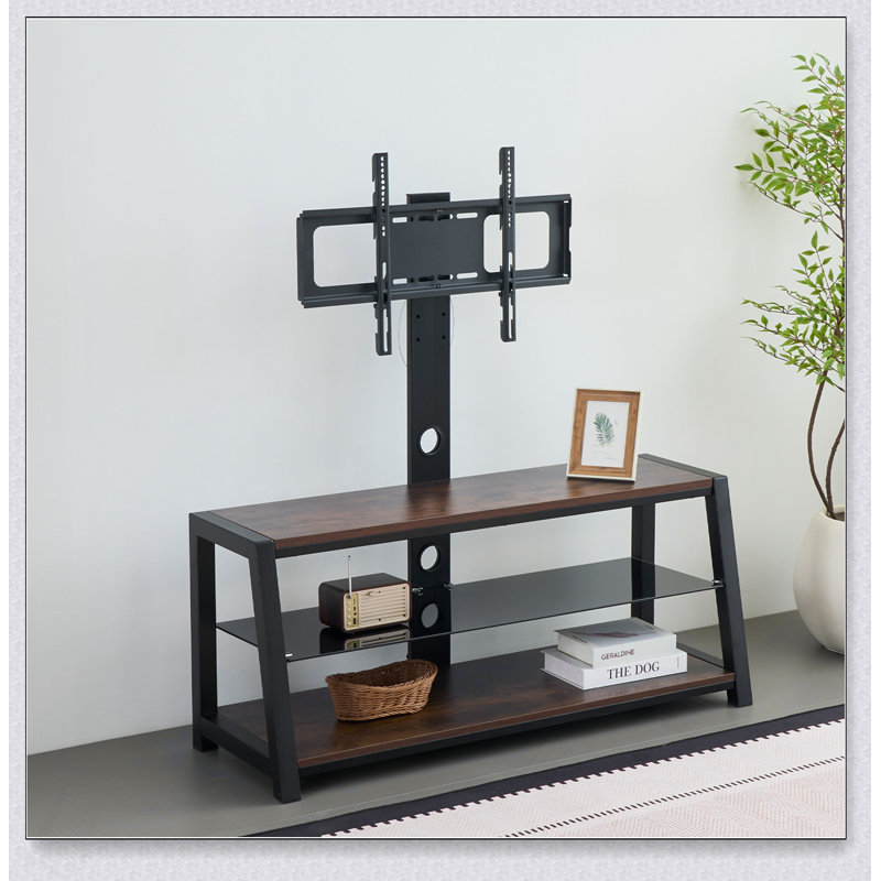 Meuble télé en bois avec verre trempé noir, hauteur réglable et support pivotant universel pour une meilleure expérience visuelle