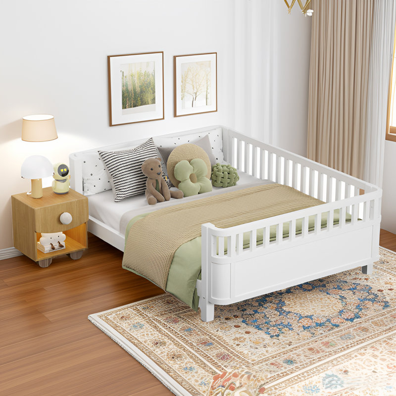 Lit plateforme en bois avec rails, Lit simple, Blanc