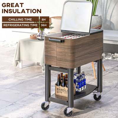 Rolling Patio Cooler 60 Quart - Brown. With Locking Wheels. Keeps Drinks Cool For 36 Hours. Built-In Bottle Opener And Practical Drainage Cap Easy Clean-Up Beverage Quart, Rugged Maintains Drink