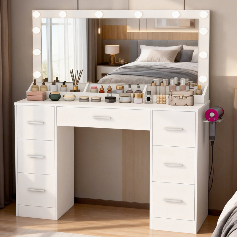 Dressing Table With Large Mirror And 12 Led Lights, Vanity Desk With 7 Drawers & Hairdryer Holder, Vanity Table Makeup Desk For Women, Girls, 3 Lighting Color Adjustable, White