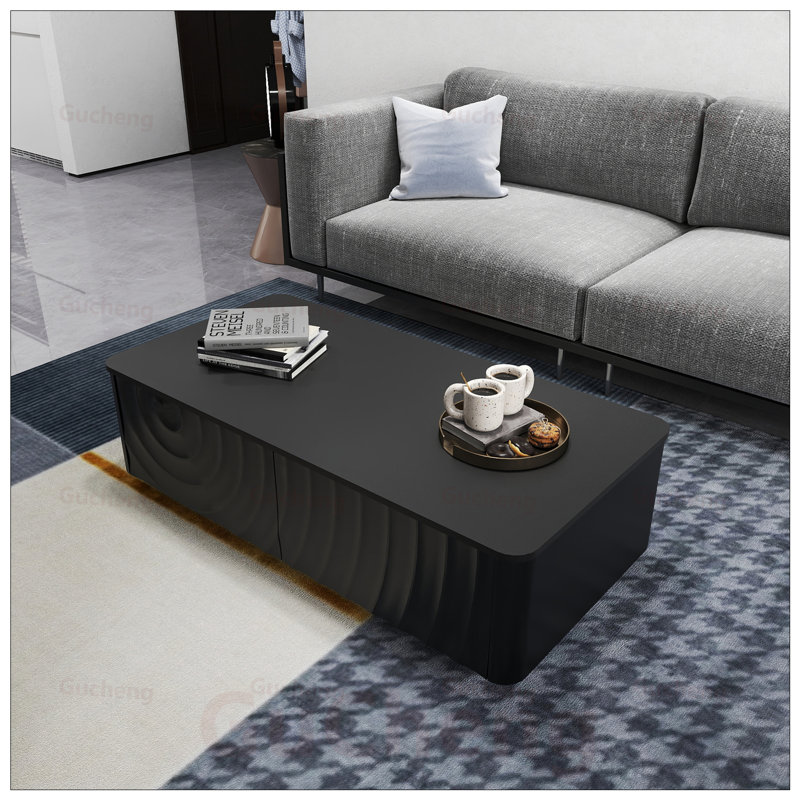 Table basse moderne et moderne avec 2 tiroirs, texture ondulée unique et coins arrondis sécuritaires pour le salon