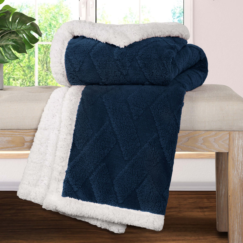 King Size Navy Blue Fleece Sherpa Reversible Blanket