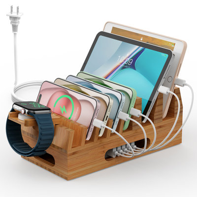 Bamboo Multi-Device Charging Station Organizer for Smartphones, Tablets and Smartwatch, Includes 5-Port USB Hub Adapter, and 5 Charging Cables, Magnetic Structure & Tool-Free Setup, Natural Color