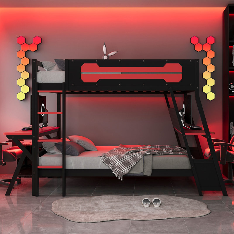 Lit superposé avec deux bureaux de jeu intégrés, Rouge, Lit double