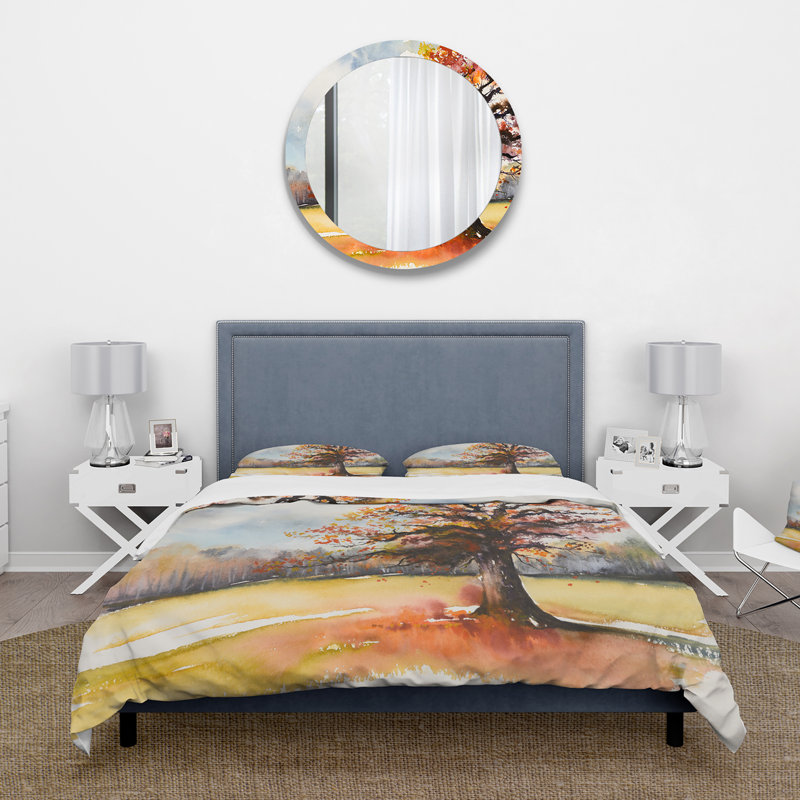 Lone Oak In The Fields avec feuilles d'automne - Ensemble de housse de couette traditionnel - Microfibre de polyester