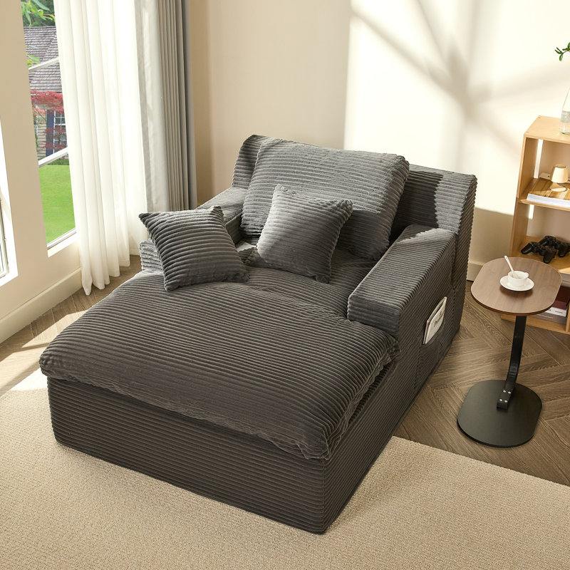 Chaise Lounge Chair with Armrests for Living Room, Floor Lounge Sofa with Movable Pillows & Side Pockets, Corduroy, Grey