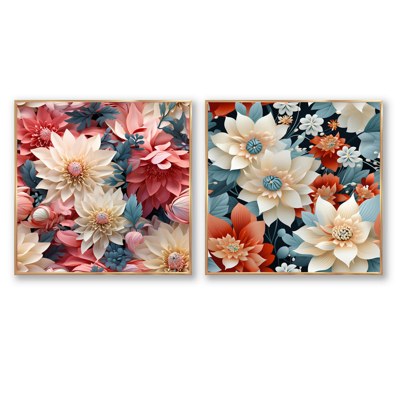 French Romance - motif floral III - ensemble de 2 collages floraux carrés, Cadre flottant doré, H 16 po x l 33 po