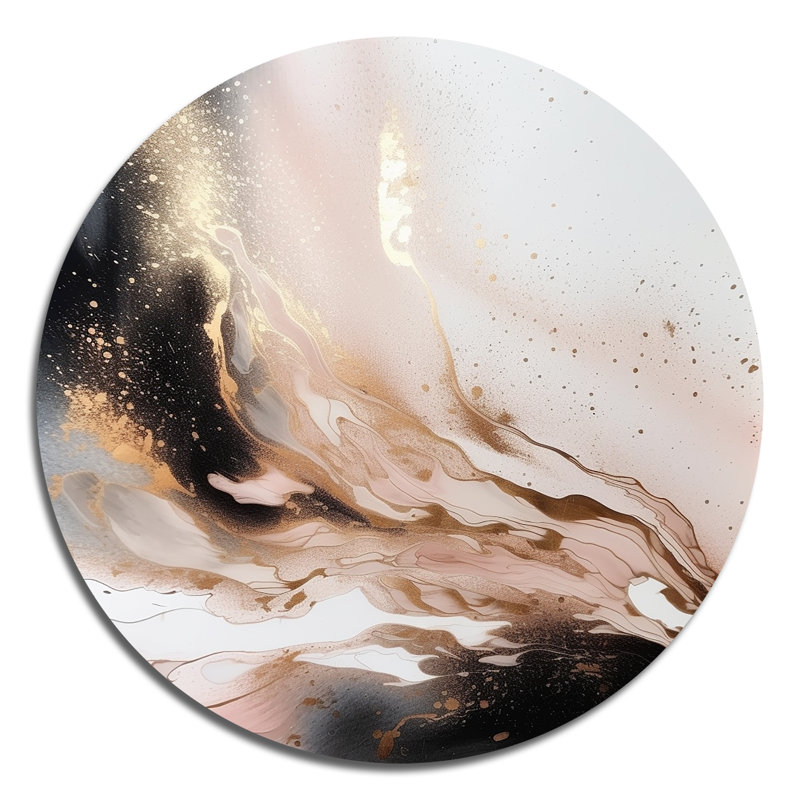 Texture de marbre noir doré - art abstrait rond en marbre sur métal, H 36 po x l 36 po x P 1 po